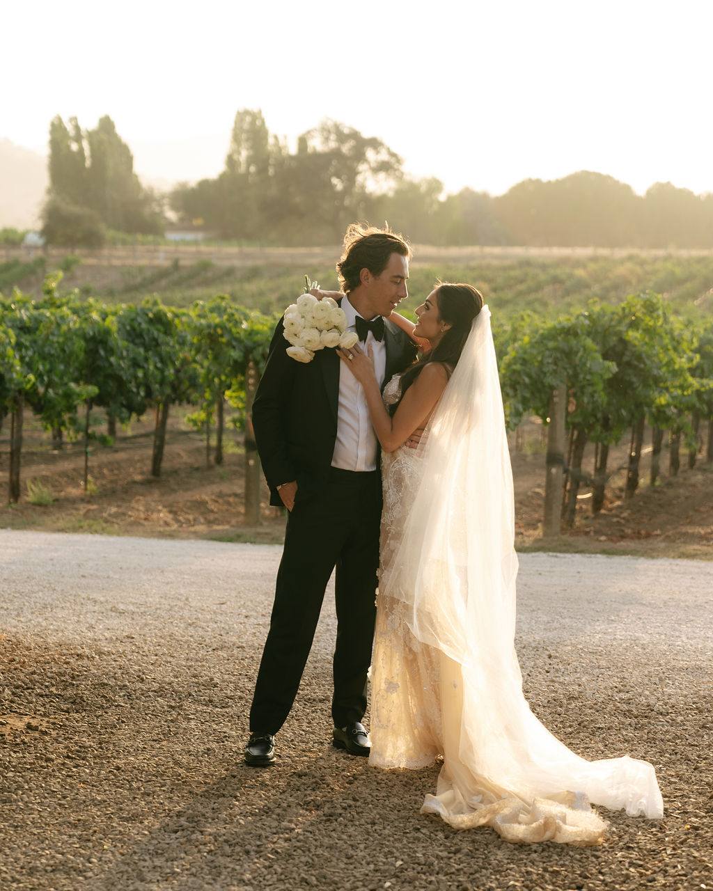A couple kisses among the vines of a hillside vineyard